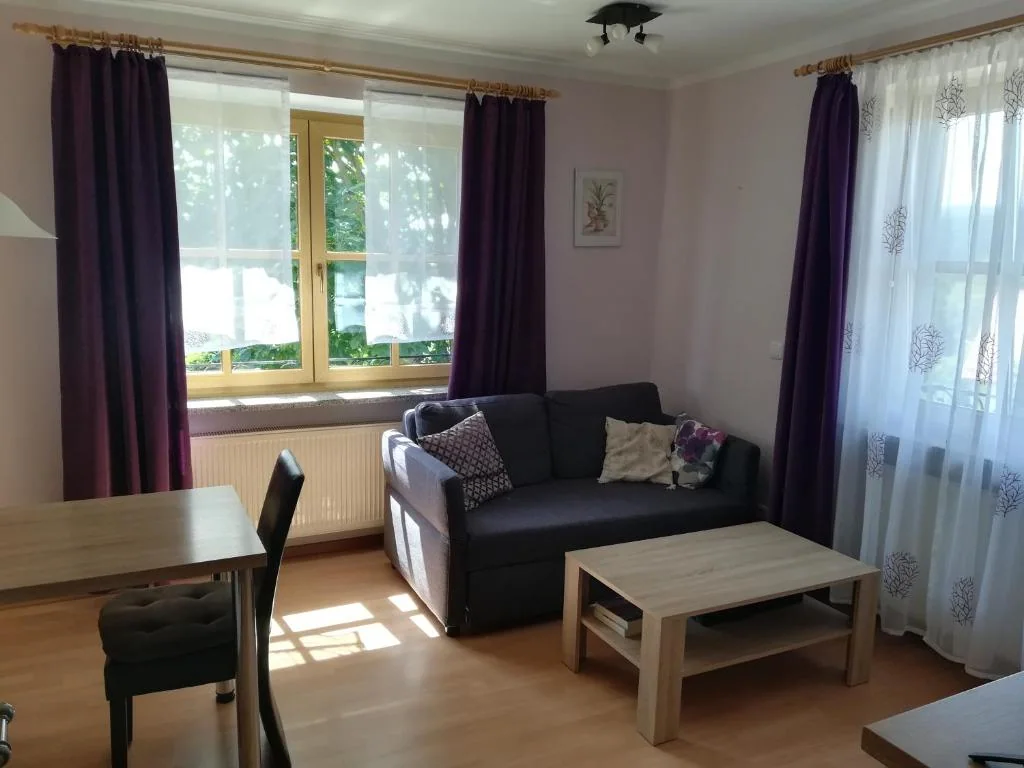 Wohnbereich mit Sofa, Esstisch und großen Fenstern